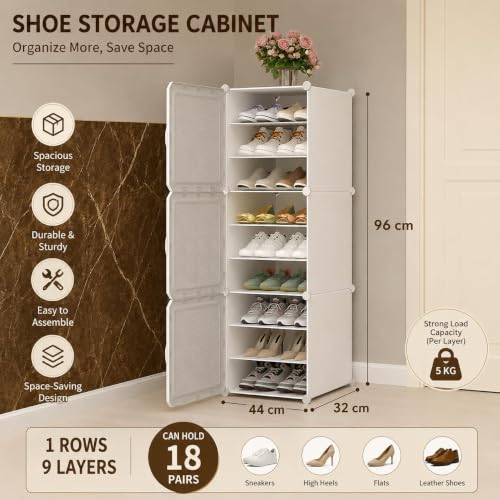 Image of Plastic Shoe Rack for Home with Door | 9-Shelf DIY Shoe Cabinet Organiser | Stores 18 Pairs | Foldable & Waterproof Shoe Stand for Entryway, Bedroom (White-HV1, 9-Layer)