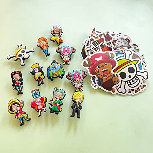 Pounchi Anime Piece Stickers 50Pcs (With Piece Shoe Charm 12Pcs Decoration) Vinyl Stickers Shoe Charms Accessories Decorations Merch Party Favors Birthday Gifts For Teens Boys Girls #TOP6