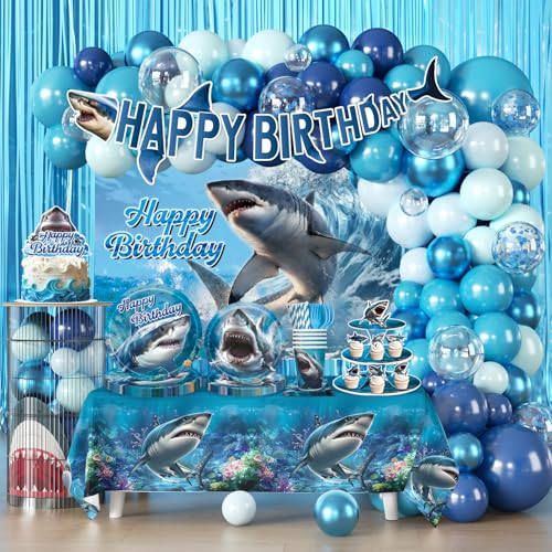 287pcs Shark Birthday Party Decorations Complete Party Set Serves 25 Guests Shark Birthday Decorations includes Banner Balloon Arch Backdrop Plates Tablecloth for Shark-theme Party