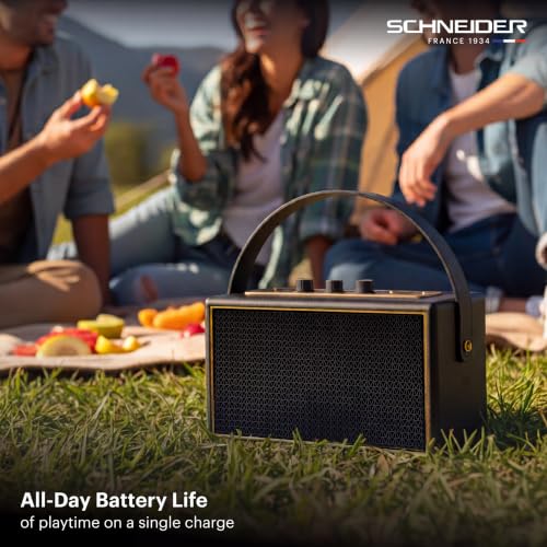Image of Schneider ENERZA HP60 Wireless Portable Home Audio Speaker | 60W Triple-Driver 360 Sound | Wooden Acoustic Enclosure with Bluetooth 5.4 | Splashproof | Vintage Classic Design - Black