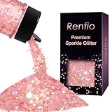 Renfio Holographic Pink Chunky Glitter,1.76oz/50g Macaron Pink Chunky Glitter for Snowglobe Tumbler,Macaron Hexagon Sequin Flake for Snowglobe Tumbler,Craft,Resin,Festival Decor,Rose,Nail,Slime