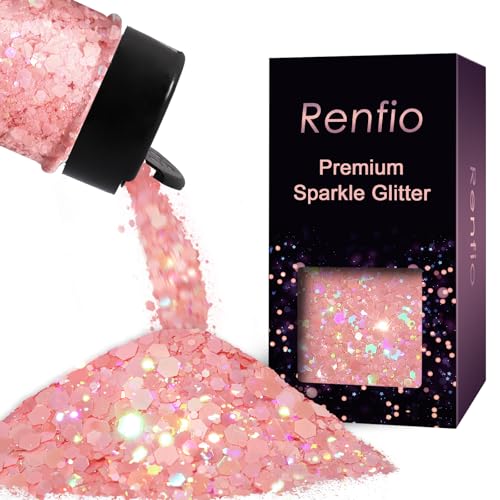 Renfio Holographic Pink Chunky Glitter,1.76oz/50g Macaron Pink Chunky Glitter for Snowglobe Tumbler,Macaron Hexagon Sequin Flake for Snowglobe Tumbler,Craft,Resin,Festival Decor,Rose,Nail,Slime