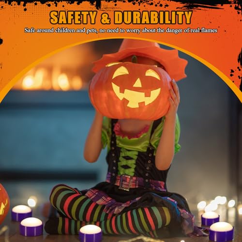 Image of Riakrum 6 Pieces Halloween Remote Timer LED Lights with Remote Summer Halloween LED Pumpkin Lights Battery Operated Lantern Bright Flameless Candle(Purple,Warm Light)