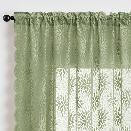 Image of MIULEE Vintage Floral Scalloped Lace Curtains, Sage Green 52 inch W x 63 inch L | 2 Panels, Spring Victorian Design, Short Semi Sheer Curtains, Light Filtering Rod Pocket Drapes, for Bedroom Living Room