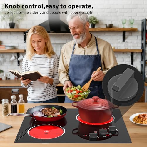 Image of VBGK Electric Cooktop 3 burner,24 inch Electric Stove Top,Touch and Knob Control,LED,9 Power Levels, Kids Lock & 99 minute Timer,5000W 3 burner cooktop with 220V 20-Amp (NEMA 6-20P) Plug.