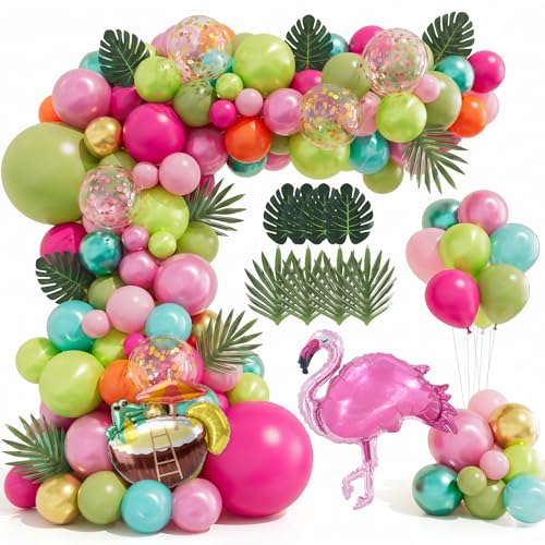 148Pcs Tropical Balloons Arch Garland Kit Hawaiian Luau Flamingo Party Decorations Olive Green Hot Pink Orange Rose Gold Confetti Balloons Palm Leaves for Summer Beach Pool Baby Shower Birthday