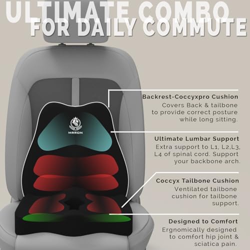 Image of MRRON Car Comfort Combo | Memory Foam Backrest & Wedge Seat Cushion Combo of 2 | Orthopedic Support for Back, Tailbone, Sciatica | Ergonomic Comfort for Car, Office| Posture Correction | Universal Fit