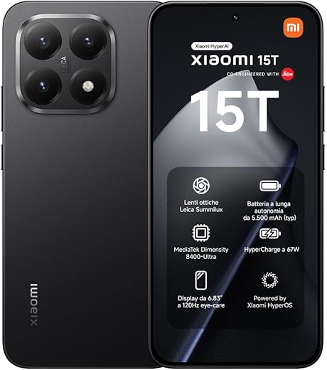 Xiaomi 15T, Smartphone 12+256GB, Display da 6,83" 120Hz, MediaTek Dimensity 8400-Ultra, Obiettivo ottico Leica Summilux da 50MP, 5500mAh, Garanzia 2 Anni, Nero, Caricabatterie non incluso