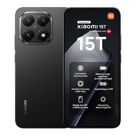 Xiaomi 15T, Smartphone 12+512GB, Display da 6,83" 120Hz, MediaTek Dimensity 8400-Ultra, Obiettivo ottico Leica Summilux da 50MP, 5500mAh, Garanzia 2 Anni, Nero, Caricabatterie non incluso