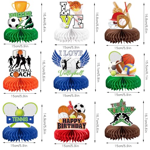 Image of 9pcs Sports Birthday Party Decorations, Sports Themed Honeycomb Centerpiece 3D Double Sided Table Decor for Birthday Competition Party Decorations& Favors