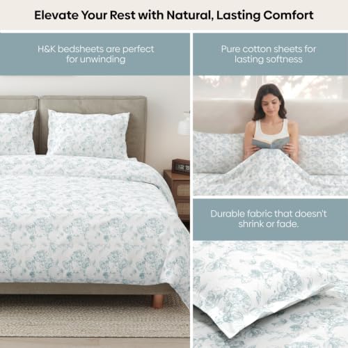 Image of Haus & Kinder Double Bed Bedsheet for Queen Size Bed with 2 Pillow Covers 90 Inch x 100 Inch | Premium Soft & Silky Pure Cotton 300 TC Flat Double Bedsheet | Luna Rose Cream