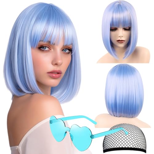 VCAY Pastel Blue Bob Wig with Bangs 12 Inch Short Straight Bob Wig Vibrant Cosplay Wig Heat Resistant Synthetic Adjustable Straps Wigs for Women Girl Party Festival with 2 Free Wig Caps