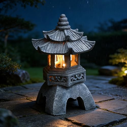Lanterne japonaise en pierre - Décoration de jardin - Hauteur : 24 cm - Pagode solaire - Statue - Lanterne de jardin japonaise en résine avec éclairage LED solaire...