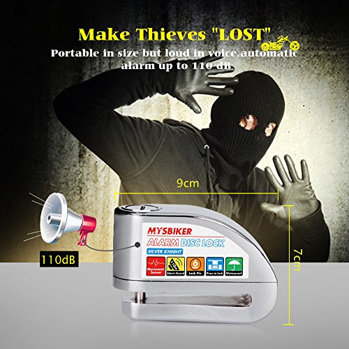 MYSBIKER Motorcycle Alarm Disc Brake Lock, Anti Theft Motorcycle Wheel Padlock with 2m Reminder Cable 110db Alarm Sound Zinc Alloy Process for 6 mm Motorcycles Bicycles Scooter Honda Yamaha Harley - Thumbnail 5