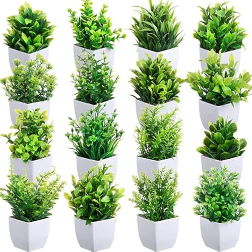 Image of Dekorly Artificial Potted Plants, Artificial Plastic Eucalyptus Plants Small Indoor Potted Houseplants, Small Faux Plants for Home Decor Bathroom Office Farmhouse (Set 0F 16)