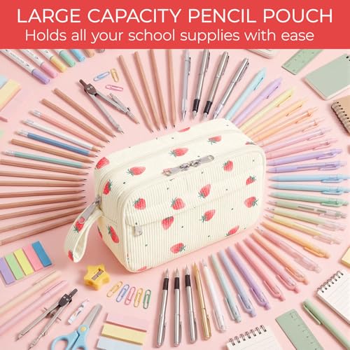 Image of WOBAGMEN Cute Pencil Case,Large Corduroy Zippered Pencil Case Pouch, aesthetic Pencil Bag with Compartments, Pencil Pouch School Supplies (Tiny Strawberry)