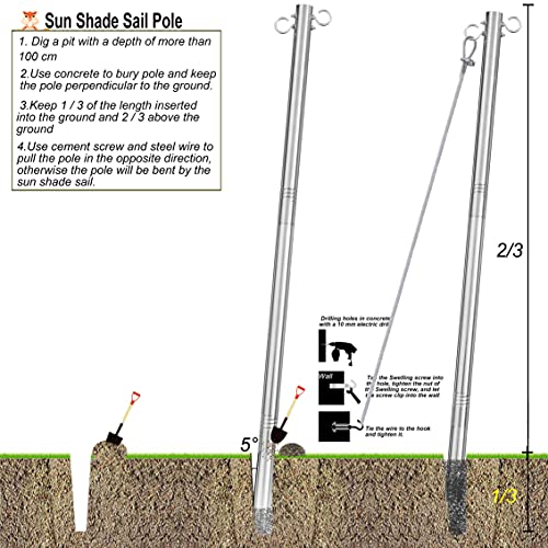 Sun Shade Sail Pole, 11 Feet Longer 2 Inch Diameter Heavy Duty Stainless Steel Sting Light Pole Post Match 10’x10’ 10’x12’ 10’x13’ Middle Canopy Sail （2 Pack） - Thumbnail 6