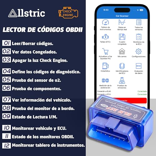 Lista de funciones del lector de códigos OBDII Allstric ELM327, incluyendo lectura y borrado de códigos, monitoreo de datos de vehículo