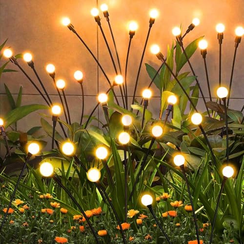 Image of Solar Firefly Garden Lamp, 16 LED Swaying Waterproof Pathway Light for Yard Patio Lawn Decoration, Auto On /Off Warm White, 2 Pack (8 Heads)