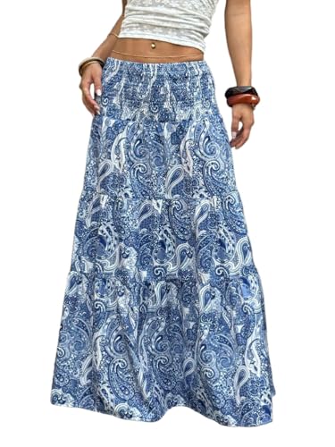 seiveini Jupe Femme Longue Été Jupes à Fleurs Boho Fluide Trapèze A Bleu S