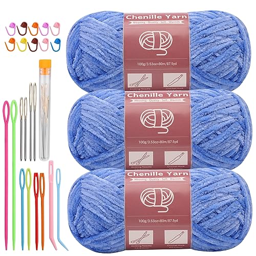 Image of LUNARM Chenille Yarn 3 Pack 3.5oz Chunky Blanket Velvet Yarn 263 Yard | Sky Blue Chunky Chenille Yarn for Beginners Crocheting Hand Knitting Scarves with Big Eye Needles Machine Washable