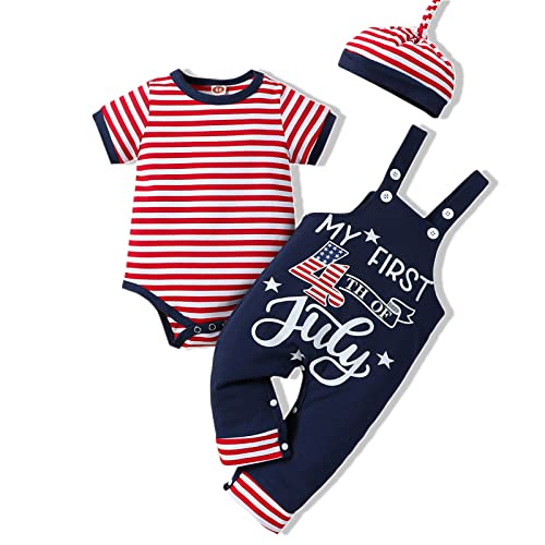 Image of Gakizon Baby Boys 4th of July Outfit Infant My First Independence Day Clothes Bodysuit+Overalls+Hat