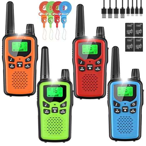 Walkie Talkie Kinder 4er Set Walky Talky mit 1200mAh Aufladbar Akku Große Reichweite 5km Walki Talki mit Li-ion Akku Funkgeräte mit 16 Kanäle für Camping Freien Wandern