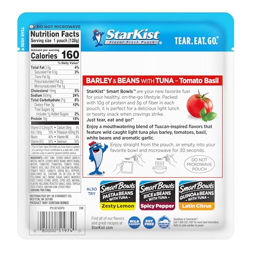 Image of StarKist Smart Bowls Tomato Basil Tuna, 4.5oz Pouch, 12-Pack | Features Barley and Beans, Wild Caught Light Tuna, No Draining, Ready to Eat