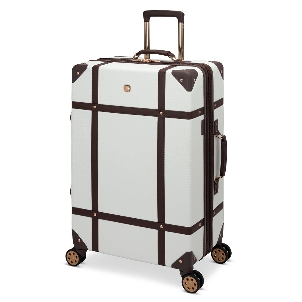 SwissGear Vintage Trunk Hardside Expandable Luggage with Spinner Wheels, White/Brown, Checked-Large 26-Inch