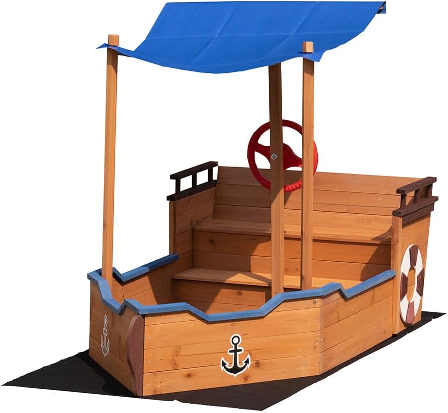 Large Pirate Ship Sandbox with Cover, Wooden Sand Box with 2 Foldable Bench Seats, Outdoor Sandpit Adjustable UV-Resistant Roof & Bottom Liner,Sand Box for Backyard,Beach