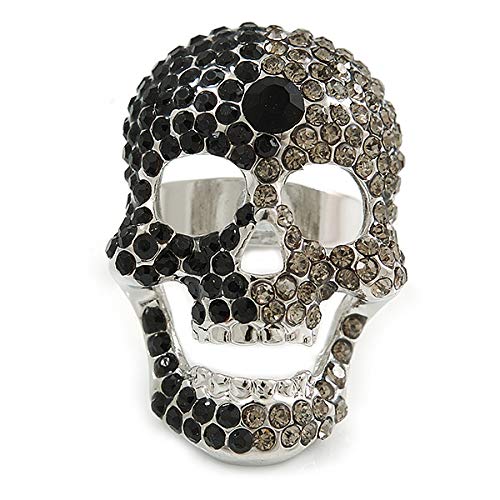 Bague de cocktail tête de mort cristal noir gris réglable 7 8