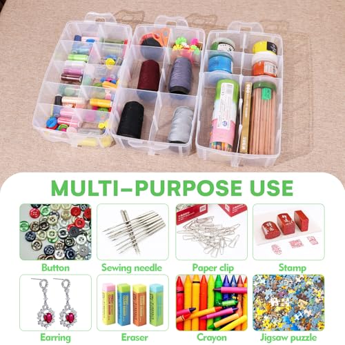 Image of 3 Tier Plastic Craft Storage Bins, Clear Craft Storage Box with 30 Adjustable Compartments