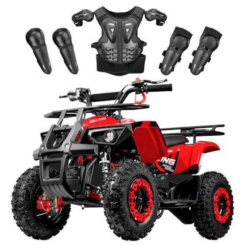 Gas Powered ATV 49cc 4-Wheeler - 15 MPH Off-Road Quad Bike with Adjustable Speed Limiter, Hydraulic Disc Brakes & Safety Gear Included - Beginner Trail Rider Red