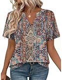 Zeagoo T Shirts for Women Short Sleeve Tops Casual Cute V Neck Loose Spring 2026 Summer Clothes Brown Bohemian XL
