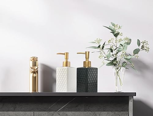 Miniatura 5 de Dispensador de jabón dorado para baño, dispensador de loción cuadrado blanco retro, dispensador de jabón de manos de cerámica recargable para