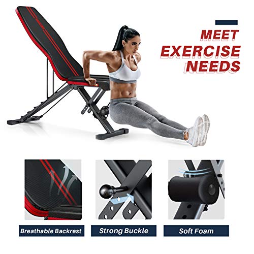 WEMARS Adjustable Weight Bench, Foldable Utility Workout Bench for Home Gym, Incline Decline Strength Training Benches for Full Body Workout with 2 Resistance Bands