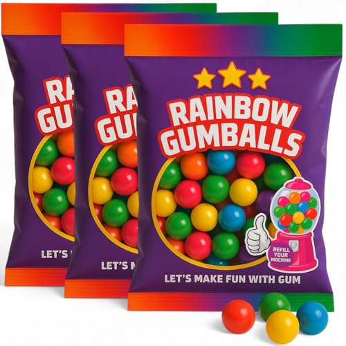 MIJOMA Rainbow Gumballs – 3x200g Kaugummikugeln Nachfüllpackung, Fruchtgeschmack, für Kaugummiautomaten, glutenfrei, halal, bunte Kaugummis, 600g Nachfüllkaugummis