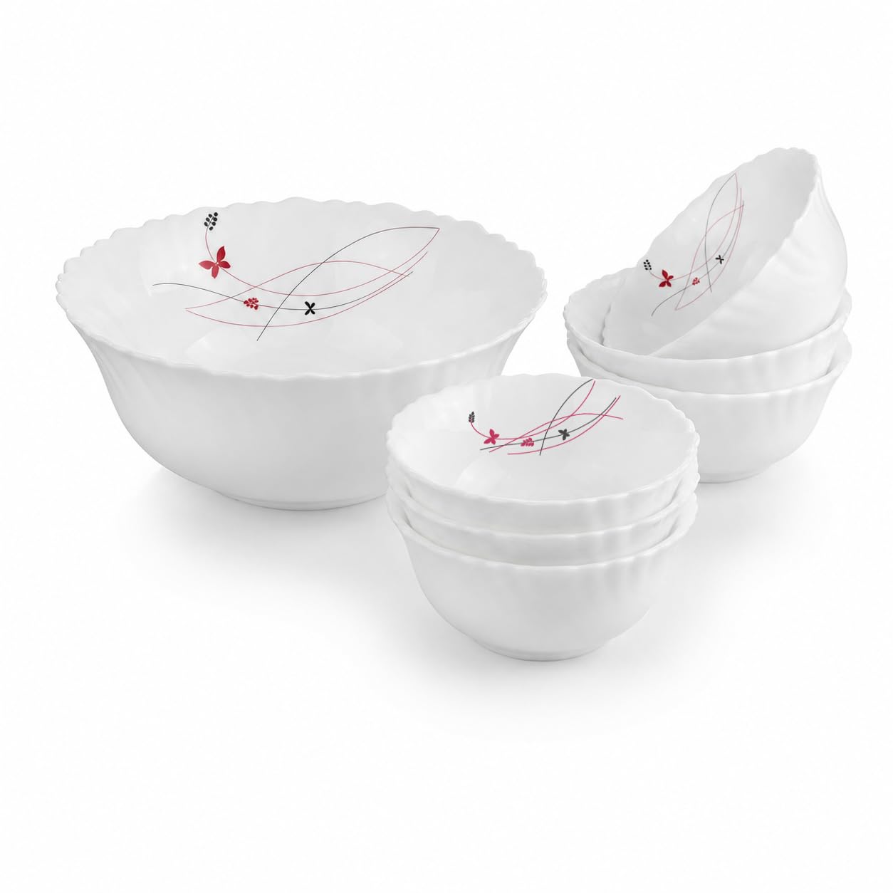 Cello Lush Fiesta Dazzle Series Opalware Pudding Bowls Set of 7 Pieces White | 6 x 180ml Veg Bowls, 1 x 790ml Serving Bowl, Leadfree Microwave Safe Opal Glass Bowls Crockery Set for Dining & Gifting-image-43