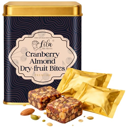 Image of LILA DRY FRUITS Dry Fruit Bites 200 gms Cranberry Almond Dry Fruits Barfi | Dates, Almonds & Dried Cranberries with Desi Ghee | Soft Energy Snack Bites Natural Sweet Snack for Anytime Munching Perfect for Gifting