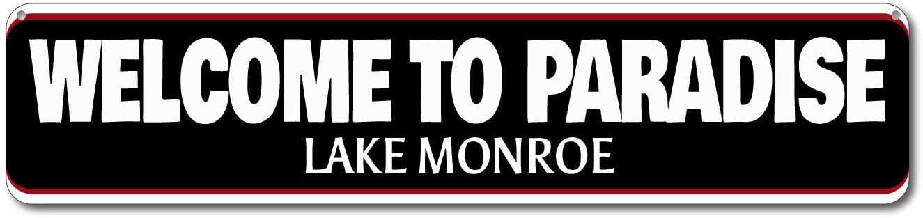 Welcome to Paradise Lake Monroe Metal Tin Sign Vintage Metal Sign Plaque Metal Fun Tin Sign Entrance Decor Gallery Wall Sign 16x4 Inch