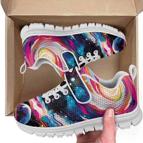 Boys Girls Sneakers Kids Breathable Lightweight Strap Tennis Athletic Running Shoes White Sole Galaxy Space Pattern2