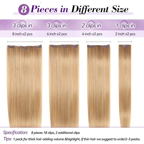 Image of Clip in Hair Extensions Real Human Hair 20 inch 105g /3.7oz Straight Seamless Invisible Human hair Extensions Clip ins for Women Double Weft 8pcs #27-Honey Blonde