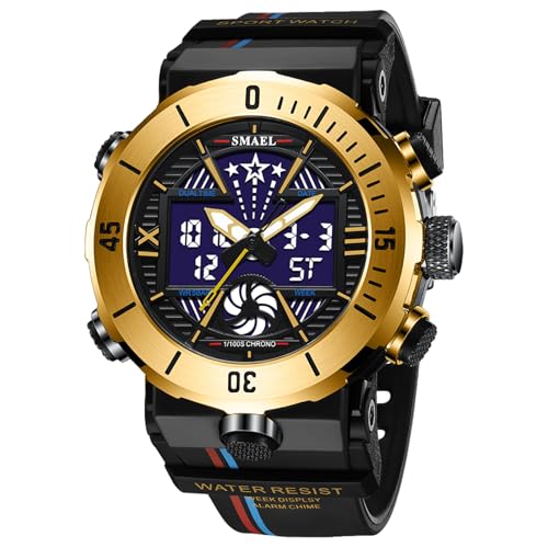 SMAEL Relojes Deportivos para Hombre, Reloj Deportivo Electrónico 50M Impermeable Esfera de Doble Visualización con Función Luminosa Relojes de Pulsera para Hombre,Oro
