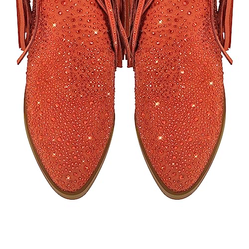 VERISSON Women's Rhinestone Tassel Western Knee Boots Almond Toe Middle Heels Crystal Cowboy Boots2