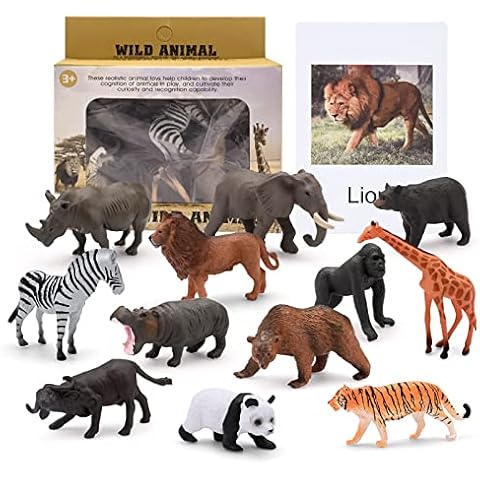 12 Stück Zoo realistische Tierfiguren, 12 Stück Tierwörter Karte, Waldtiere Figuren, Miniatur Tier Kuchen Toppers, für Weihnachten Geburtstag Geschenk (Tier) Cover
