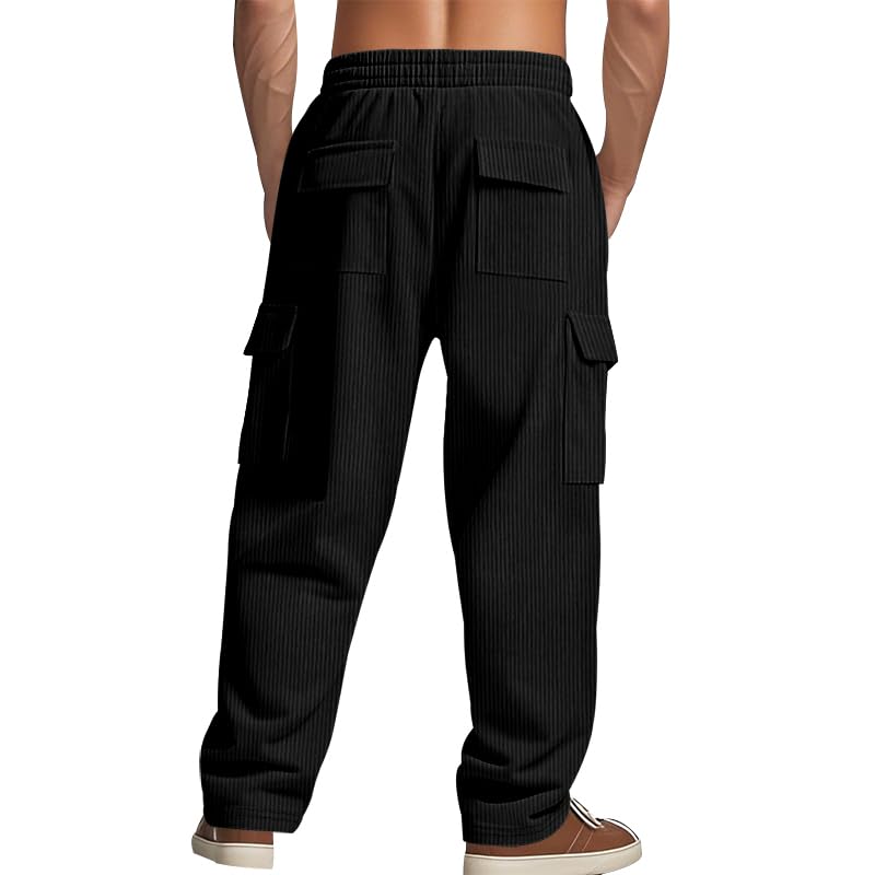 Men's Corduroy Pants Casual Cargo Pants Elastic Drawstring Waist Sweatpants with Multi Pockets3