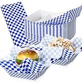 Geosar 100 Pcs Gingham Party Supplies Disposable Paper Food Trays Bulk Disposable Food Boat with Checkered Wax Paper Sheet Checkered Wrapping Supply for Carnival Picnic Birthday Party(Blue)