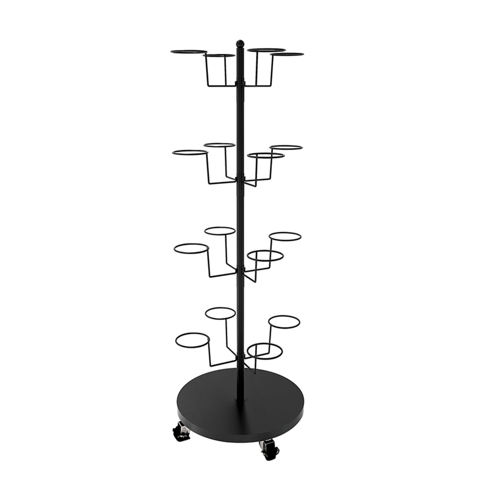 OLSKFUH Rolling Metal Hat Display Stand Organizer For Baseball Caps Cowboy Hats And Wigs Holds Up To 16 Hats Home Store Hat Display Rack,Black