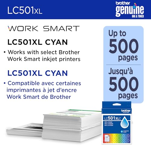 Image of Brother Genuine LC501XLC High Yield Cyan Ink Cartridge (for use with Work Smart 1260, 1360, and 1410 Printers)