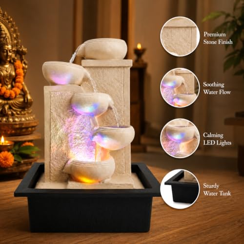 Image of LED Water Fountain Showpiece for Home Decor | Multi-Tier Cascading Waterfall Tabletop Fountain with RGB Lights | Indoor Water Feature for Living Room, Office, Meditation